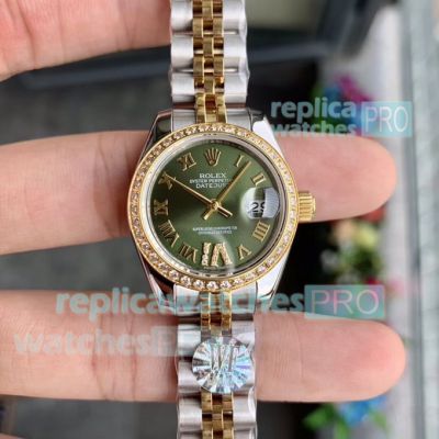 Swiss Copy Rolex Datejust Ladies Watch Green Dial Two Tone 28mm